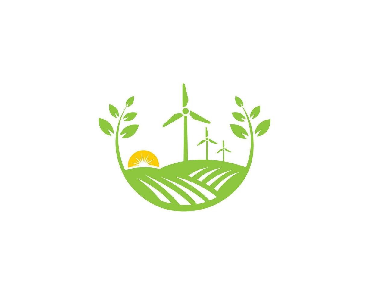 Eco energy wind turbines logo design with sun and field symbol vector icon.