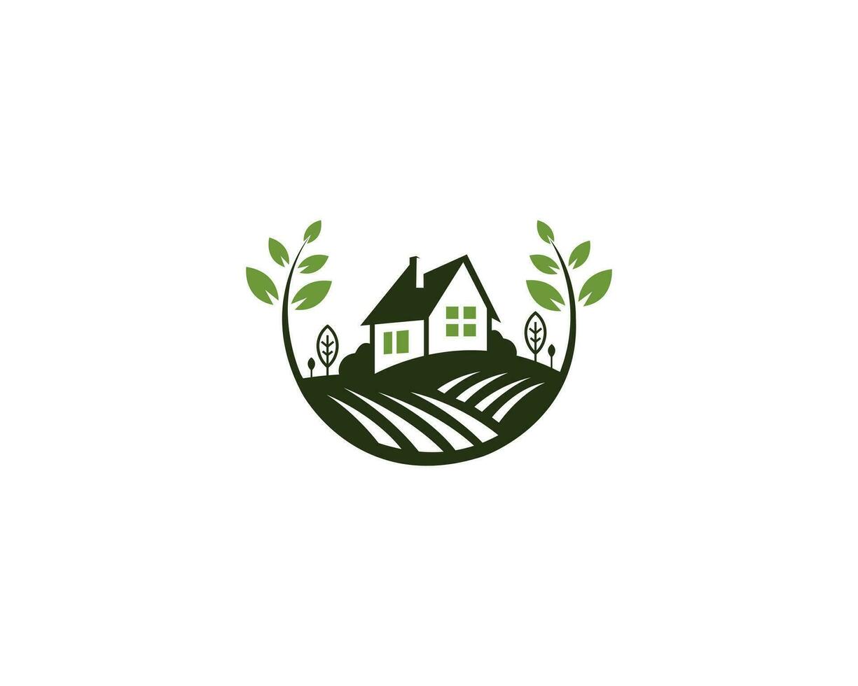 Modern green eco farm house landscape logo icon design vector template.