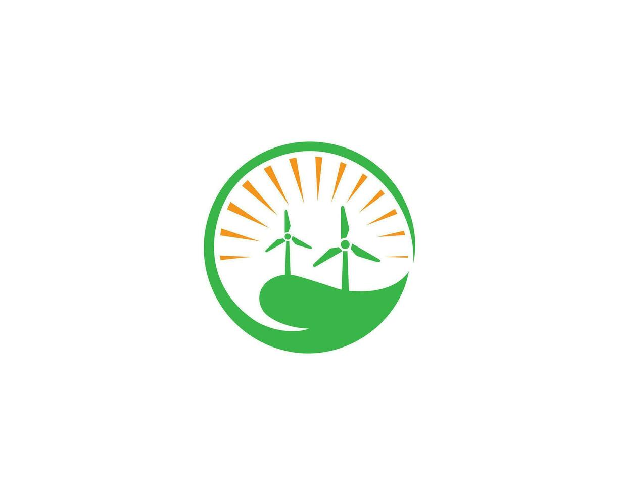 Leaf natural wind turbines logo design with sun symbol vector. vector