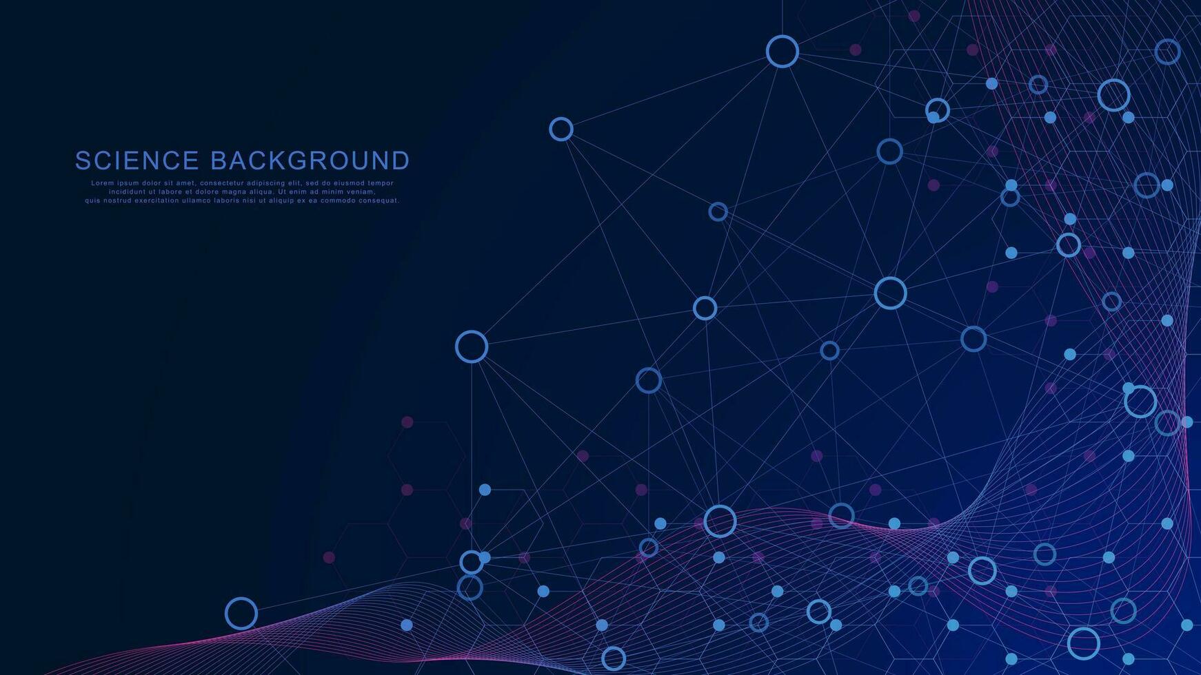 Abstract circle and lines connection with hexagon shapes and wave flow. Medical DNA research, genetic, genome and molecule. Science and technology concept background. Vector illustration.