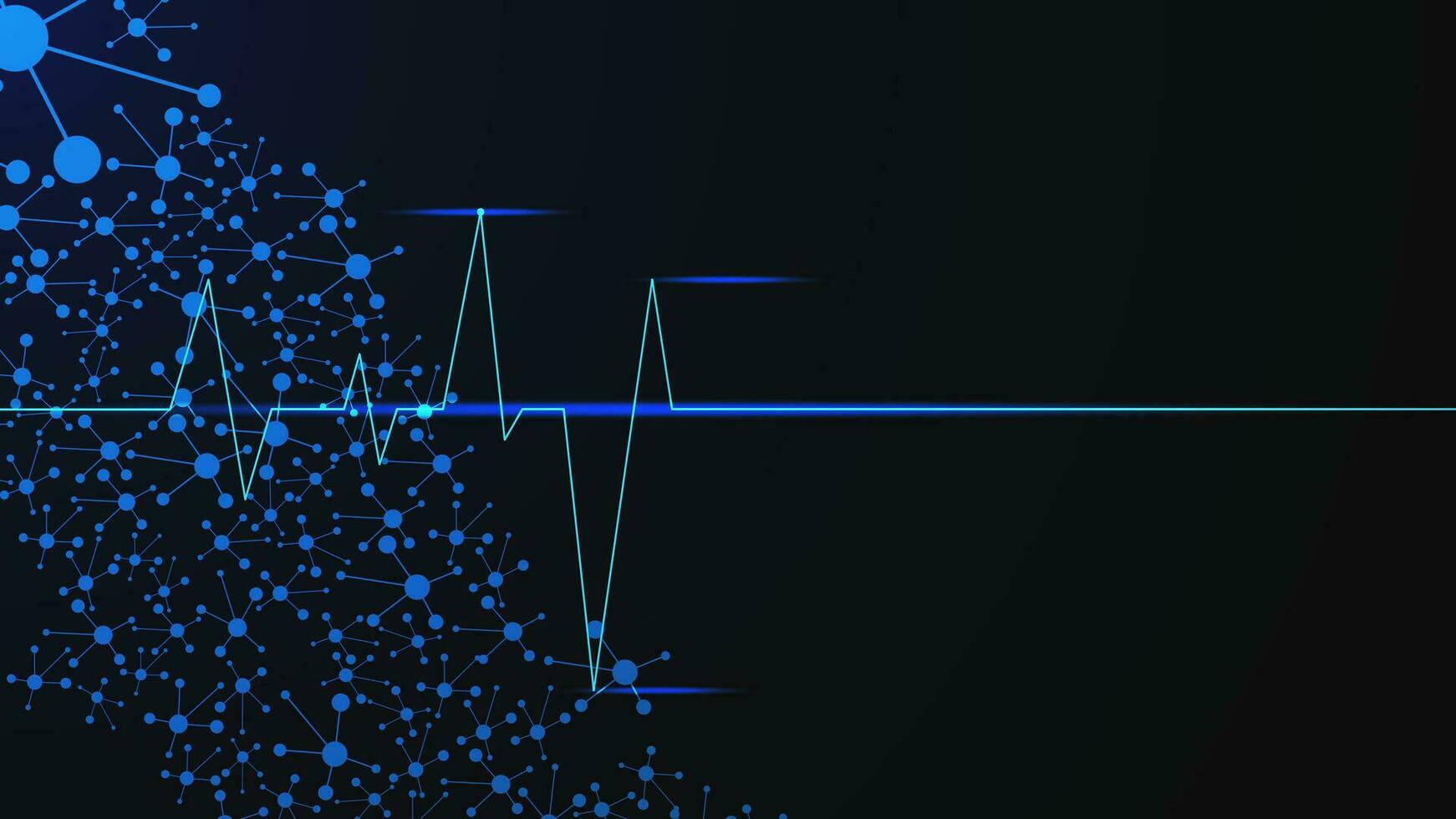 Healthcare heart with cardio pulse and molecules for medical background. Heart wave shows the rhythm of the heart on dark blue background. Vector illustration.