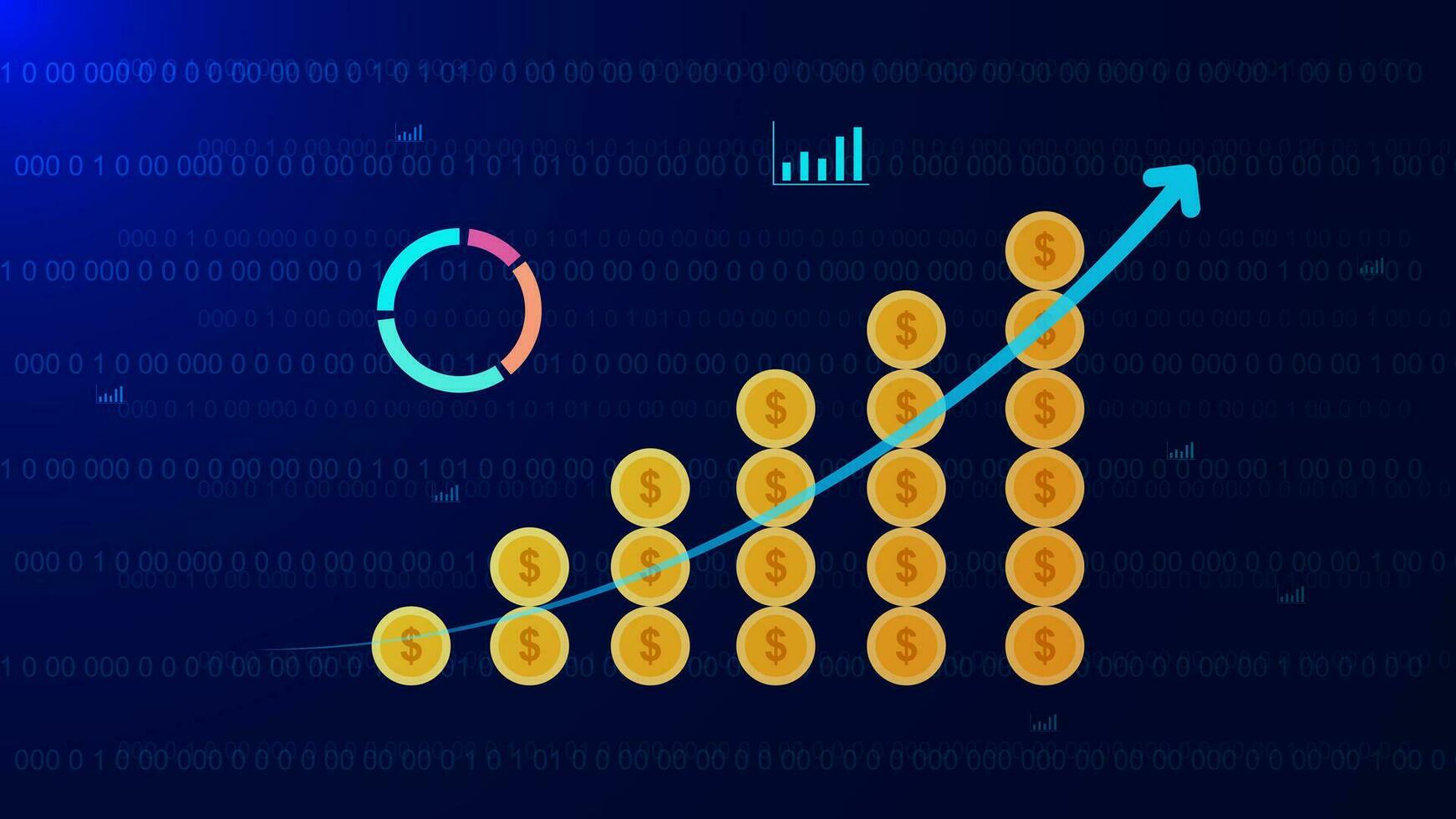 Inflation rising. Money value recession, price increase process. Financial growth concept with coins and arrow up on dark blue background. Vector illustration.