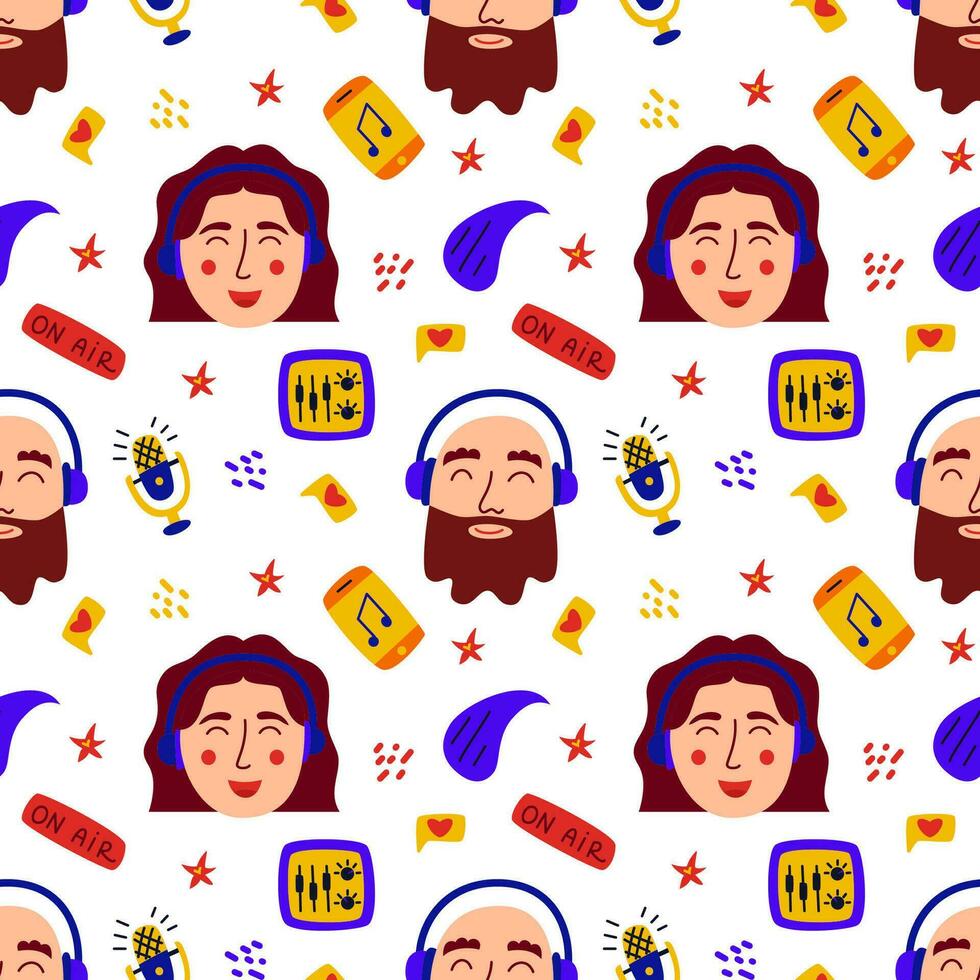 Podcast seamless pattern. Doodle print with faces of man and woman in headphones, microphone, phone, button on air, audio interface. Great for podcasts, radio interviews. Vector illustration