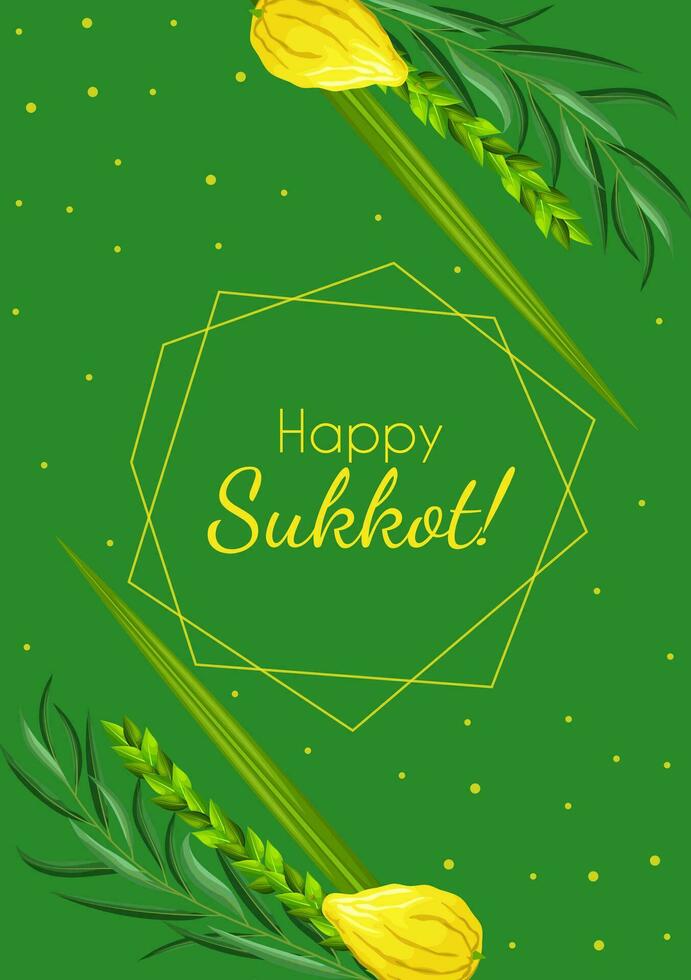 Sukkot greeting card template with palm leaves, lemon and geometrical polyhedron. Feast of Tabernacles or Festival of Ingathering. Traditional judaic religious symbols - etrog, lulav, hadas, arava vector