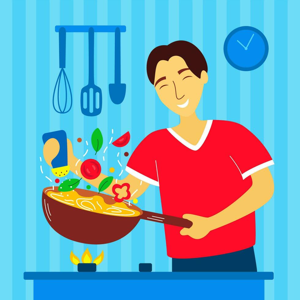 Positive asian man cooks in the kitchen. Smiling guy salts food in a wok pan. Husband's household chores. Concept of home prepare dish, dinner on the kitchen. Flat vector illustration in cartoon style