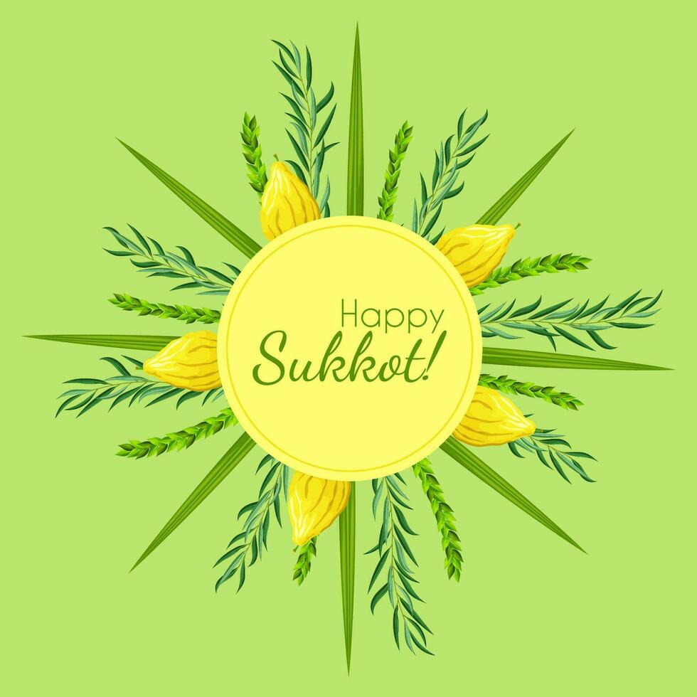 Template greeting card holiday Sukkot with palm leaves, lemon and circle frame. Feast of Tabernacles or Festival of Ingathering. Traditional Jewish religious symbols - etrog, lulav, hadas, arava vector