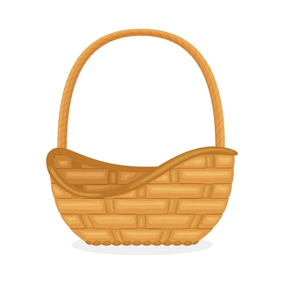 Empty wicker basket with handle. Decorative picnic containers for products. Straw or bamboo handmade pannier isolated on white background. Cartoon style. Clip art vector