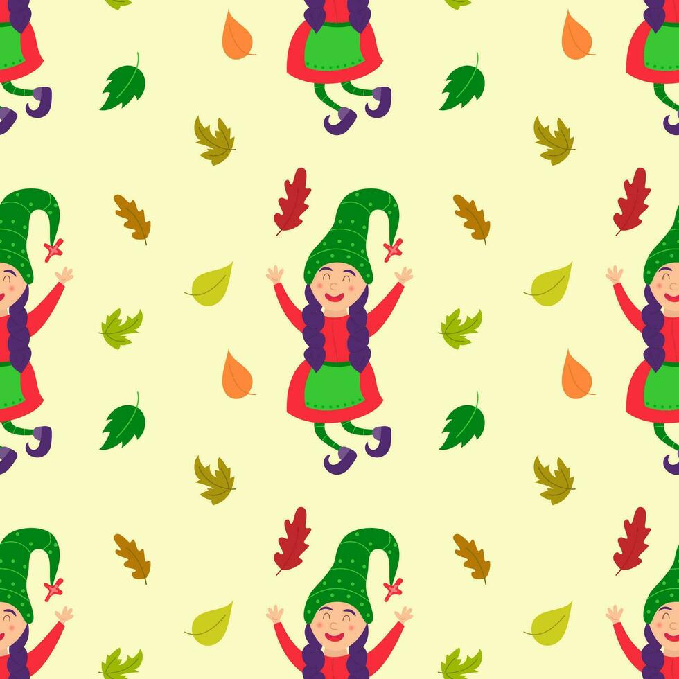 Seamless pattern with fairytale gnome girl and autumn leaves. Cheerful cute elf with hair braids. Scandinavian repeated background for wrapping paper, fabric, textiles. Vector flat illustration
