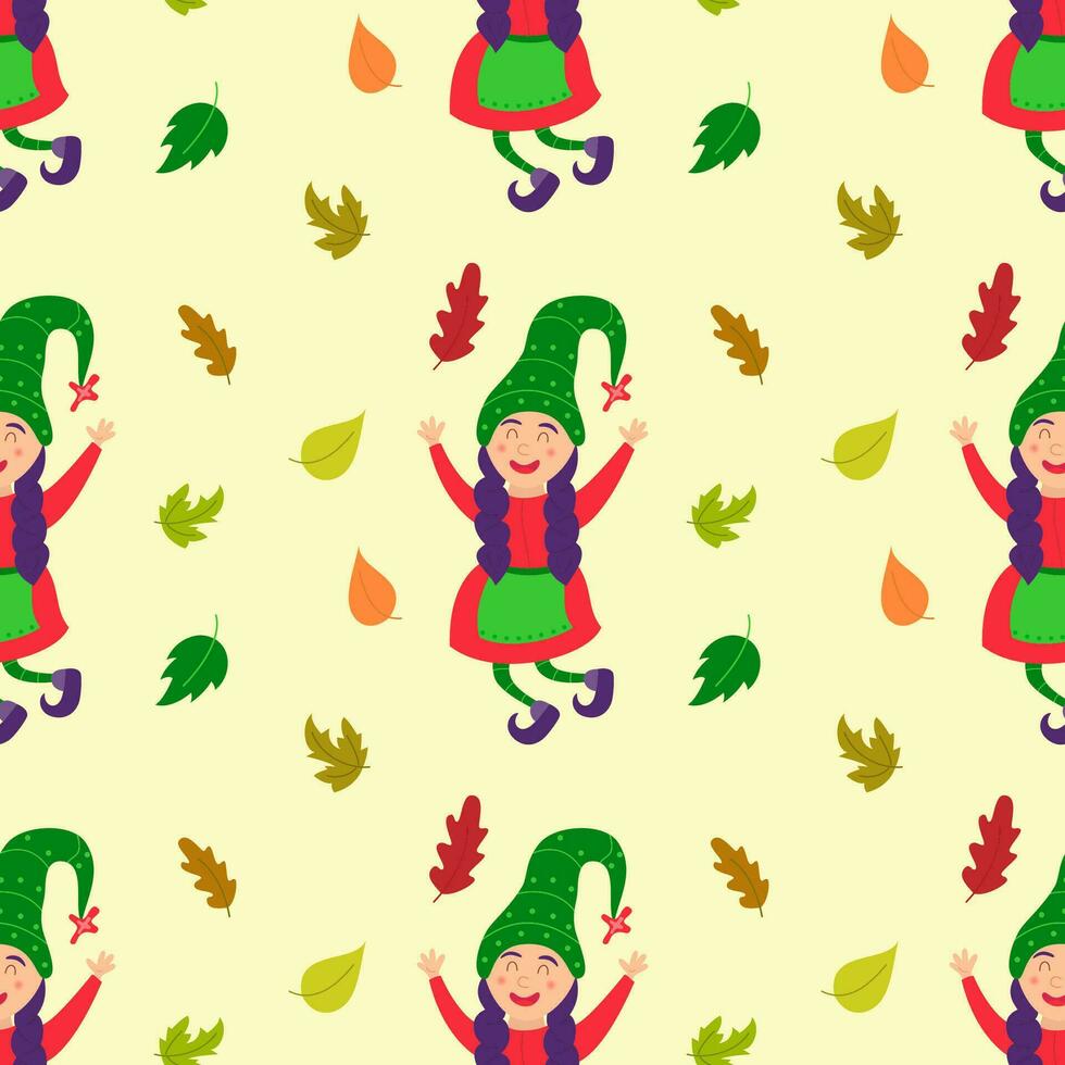 sin costura modelo con cuento de hadas gnomo niña y otoño hojas. alegre linda duende con pelo trenzas escandinavo repetido antecedentes para envase papel, tela, textiles. vector plano ilustración