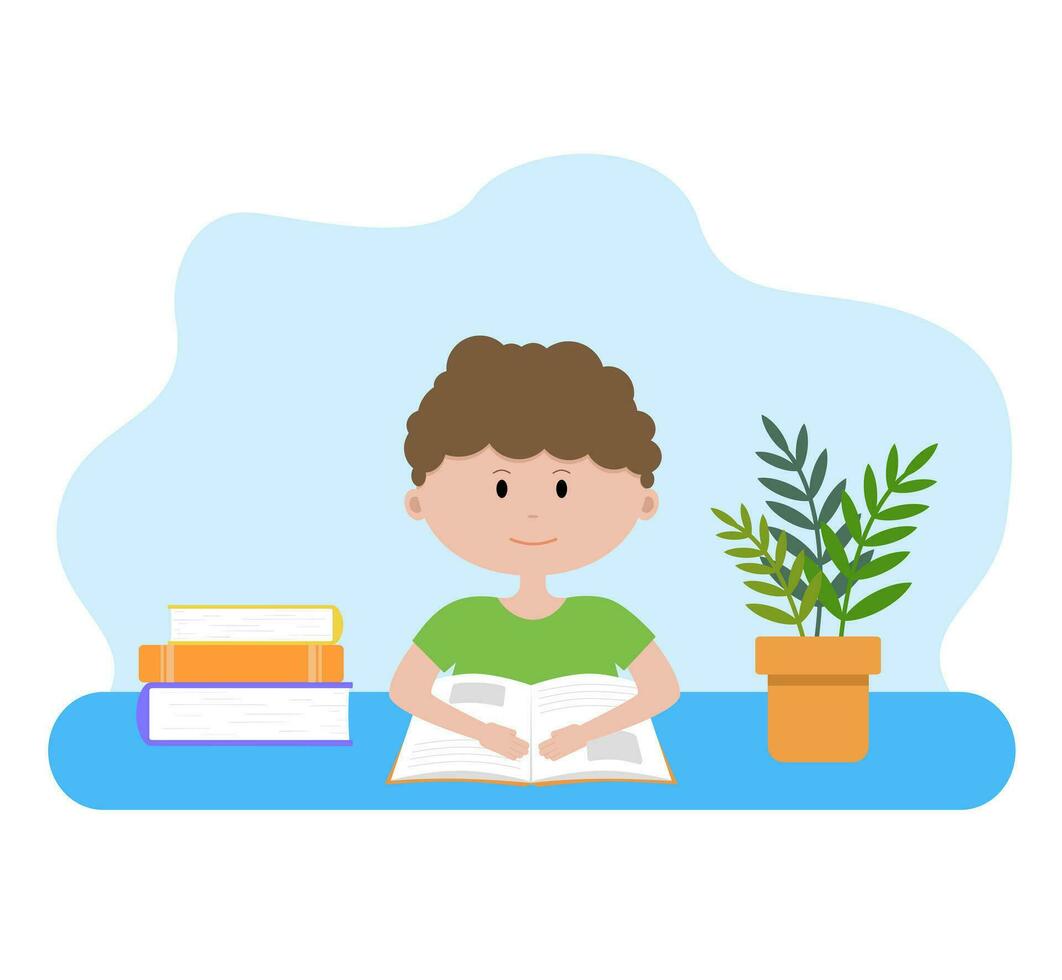 Little Boy in a T-shirt, Schoolboy, Sitting at the Table. Reading a Book, Studying. vector