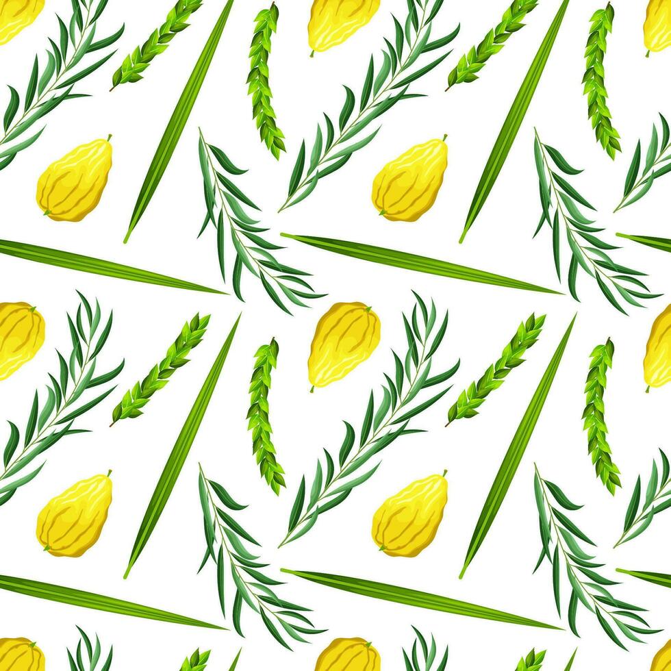 Seamless pattern jewish holiday Sukkot. Feast of Tabernacles or Festival of Ingathering. Judaic religious symbols etrog - citron, lulav - palm branch, hadas - myrtle, arava - willow. Repeating design vector