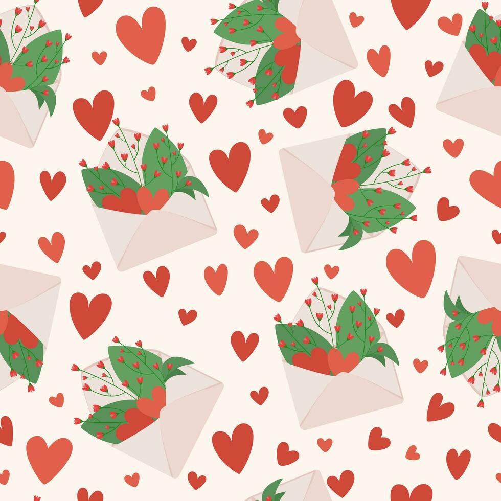 Print Consisting of an Open Envelope With Flowers, Two Hearts and Green Leaves Surrounded by Hearts. vector