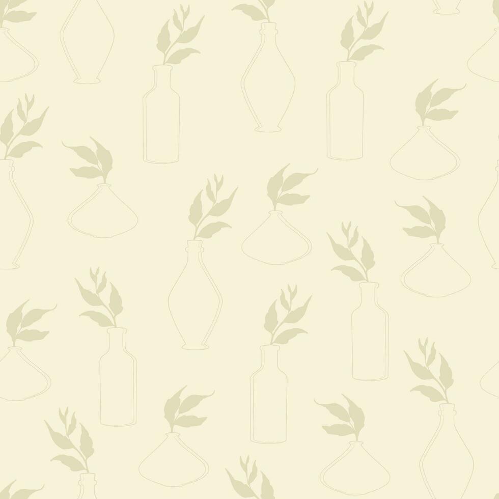 Beige leaves branch in vases linear seamless pattern vector. vector