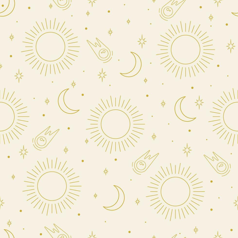 Seamless doodle cosmic space pattern with heavenly elements on a beige background. vector