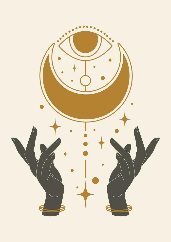 Hands holding mystic eye and heavenly elements wall art. vector
