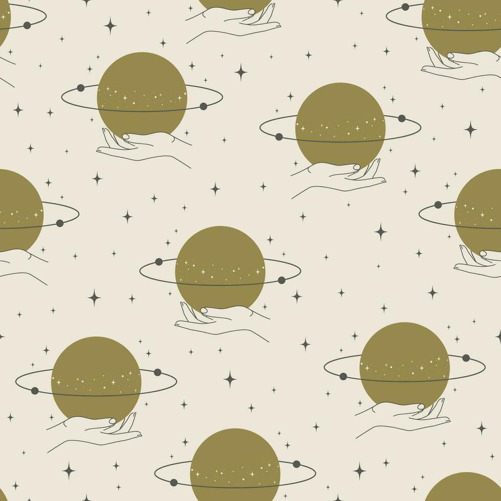 Vector seamless illustration of astrology mystic pattern. Outer space and planets.