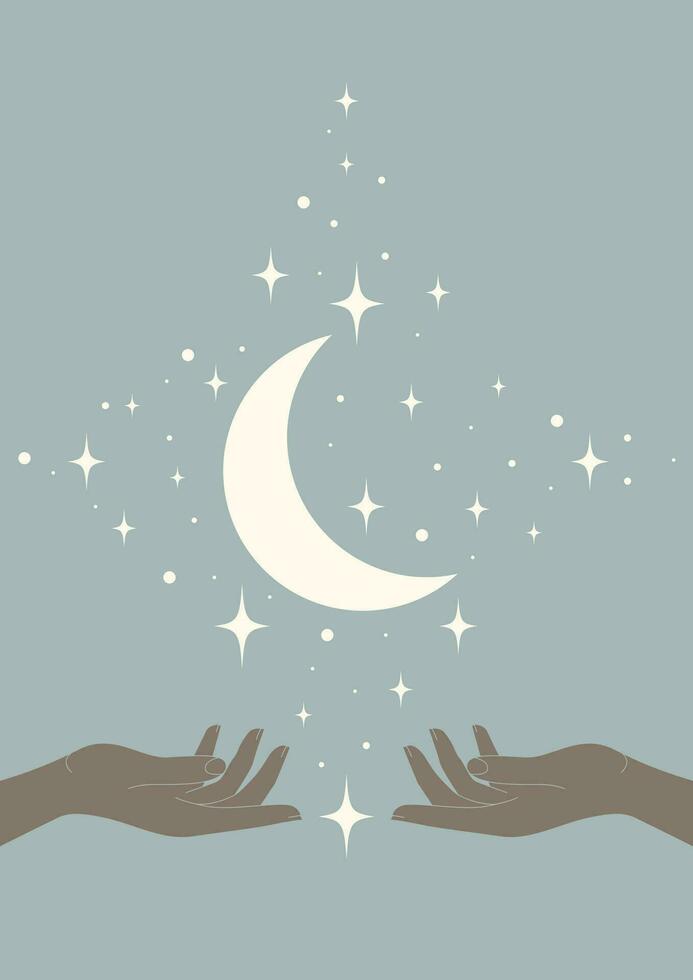 Vector illustration of young moon and stars mystic poster. Outer space with hands