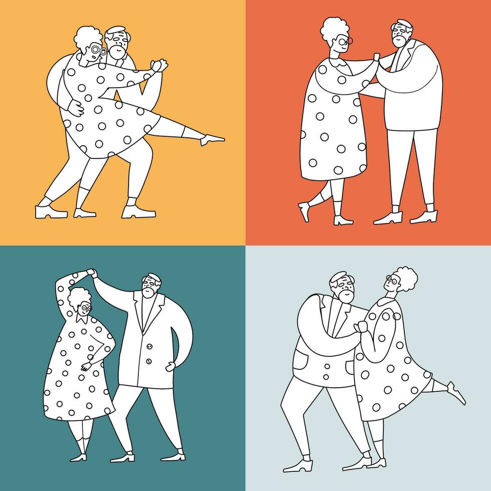 Seot of black and white illustrations of active elderly couple is dancing. Comic elderly man and woman hold hands and demonstrate dance moves. Hand drawn linear vector design on color backgrounds.