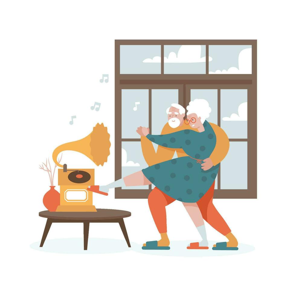 Elderly couple dance at home. Isolated living room interior with big window. Cartoon senior woman man characters dancing to music, older dancers. Flat hand drawn vector illustration.