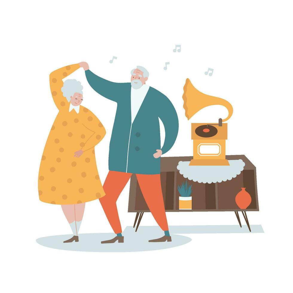 Elderly couple dancing to music from the gramophone at home. Flat hand drawn vector concept for banner, website, illustration, landing page, flyer, etc.