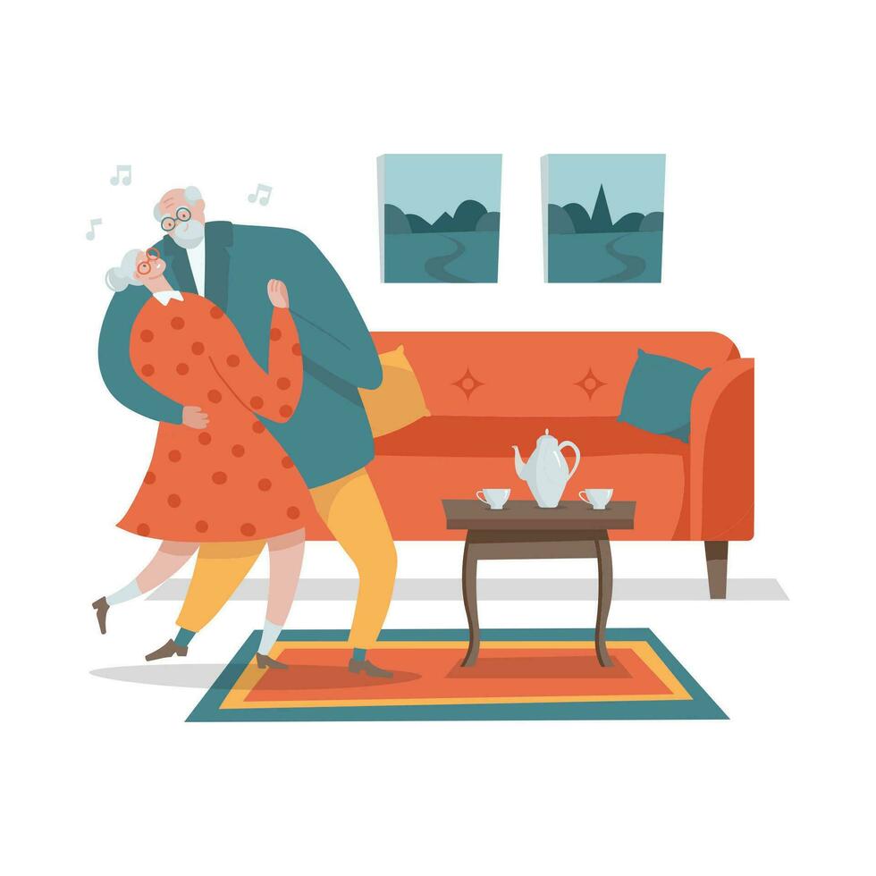 Happy senior couple dancing at home in vintage cozy interior of liveing room. Flat hand drawn vector Illustration