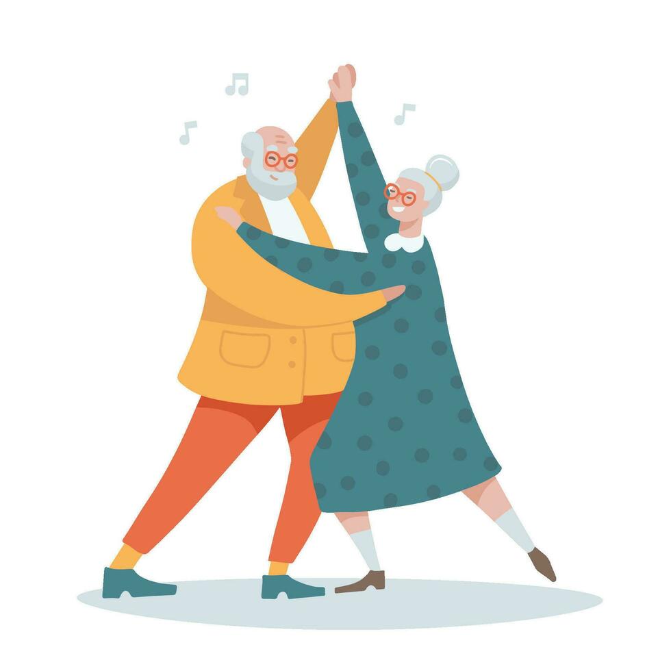 Traditional elderly couple dancing to music together. Smiling senior man and woman dance, active old grandfather and grandmother dancers on date. Cartoon flat Vector hand drawn illustration.