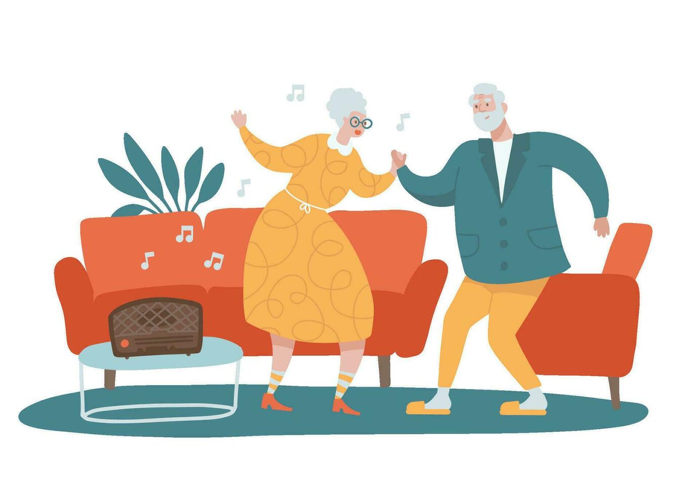 gracioso mayor Pareja bailando juntos a hogar y disfrutando su relación. viviendo roon interior con rojo sofá. plano mano dibujado vector ilustración.