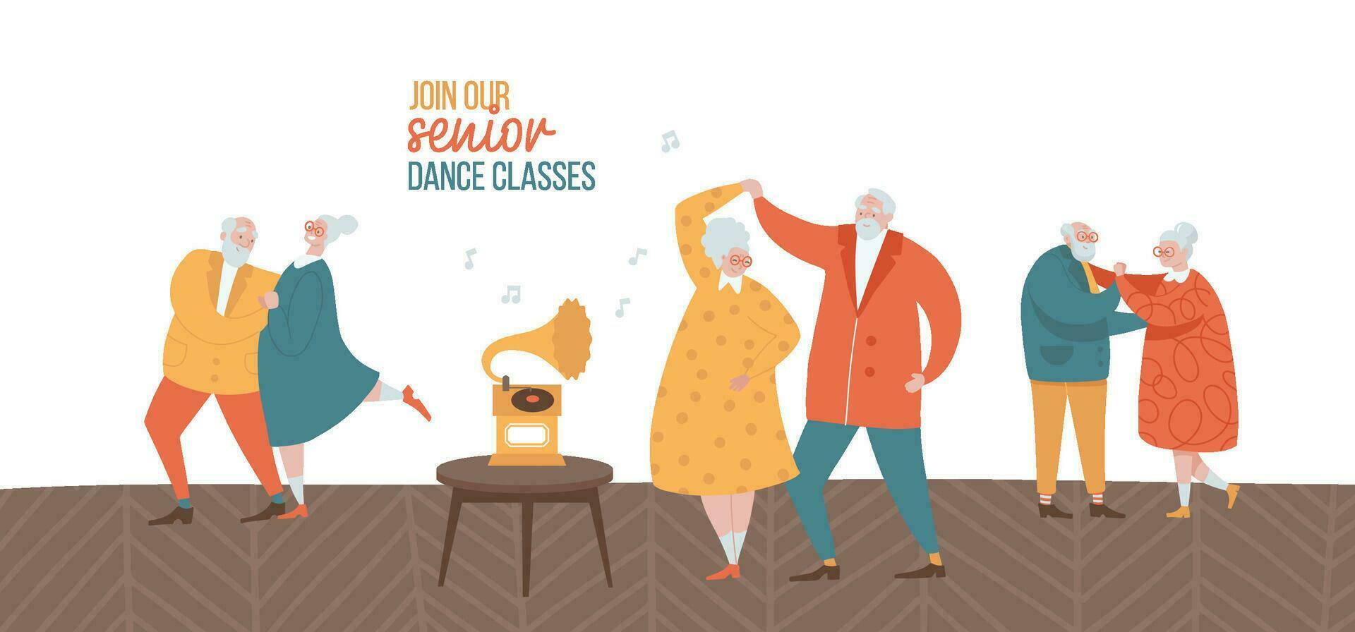 antiguo Pareja bailando juntos. activo mayor bailarín grupo y mayor Pareja teniendo divertido en danza clase. retirado comunidad música fiesta. plano mano dibujado vector ilustración