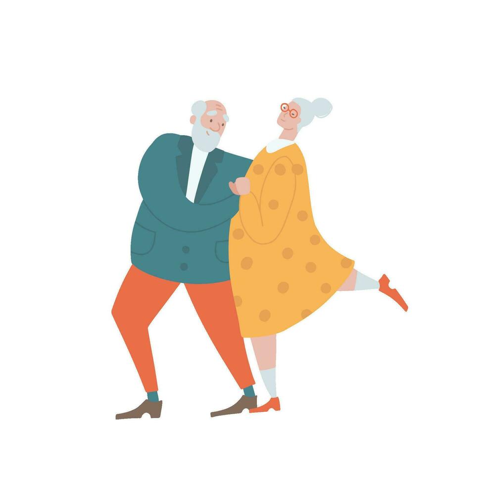 Active elderly couple dancing isolated concept. Happy Senior man and woman hold hands and demonstrate dance moves. Old grandma and grandpa at the dance. Hand drawn flat vector illustration.