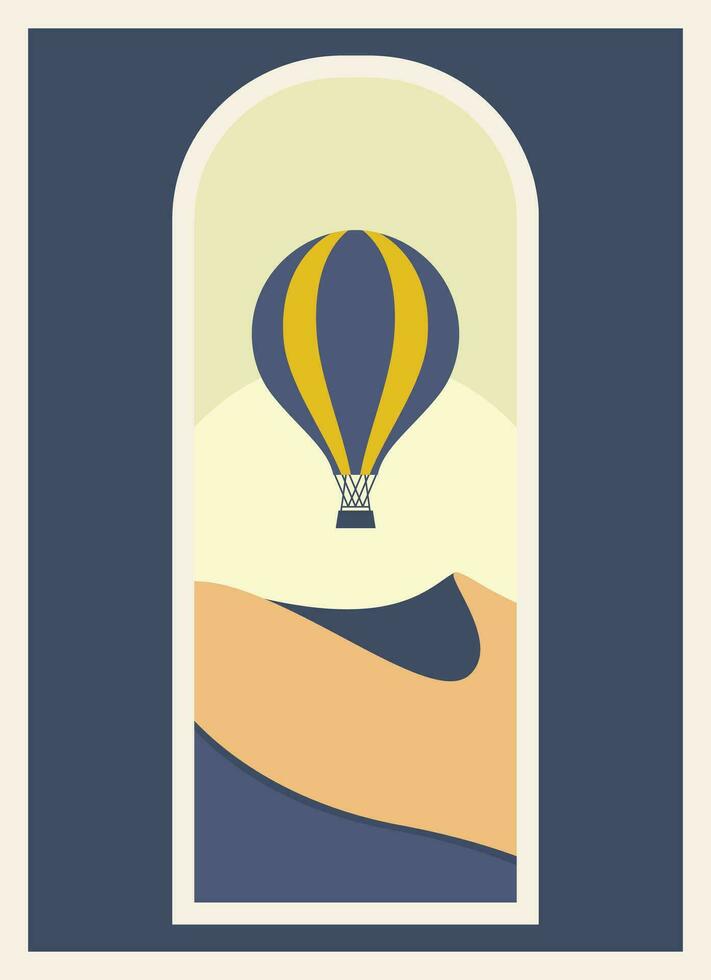 Air balloon in desert sky view, sunny dunes illustration poster. Cappadocia vector