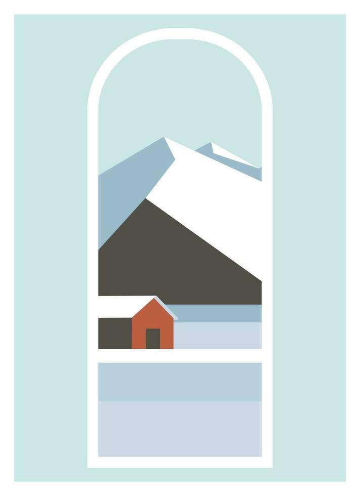 Nordic landscape and village view illustration print. Winter poster vector