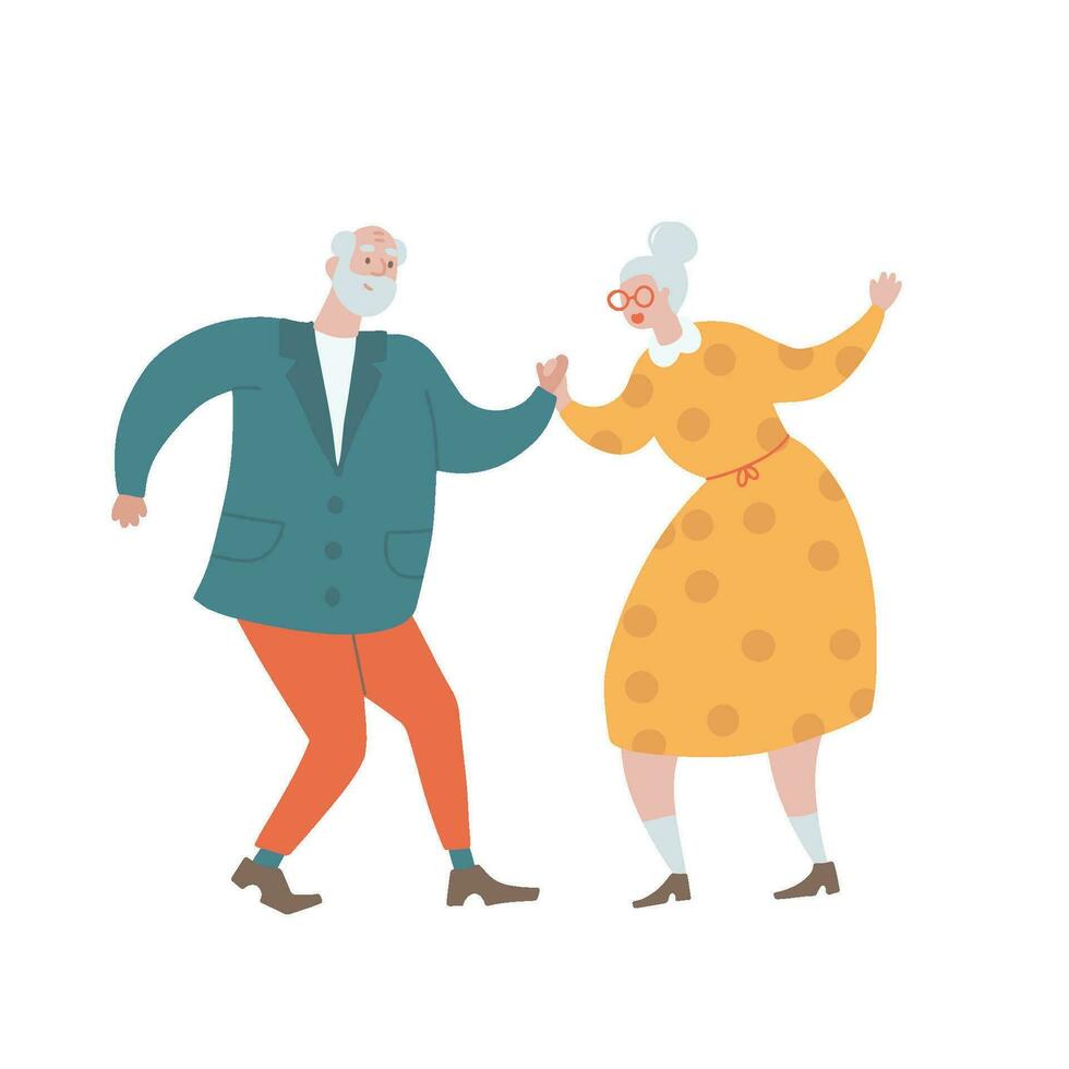 Old couple dancing funny dancing. Dance class for elderly. Isolated hand drawn flat vector illustration.