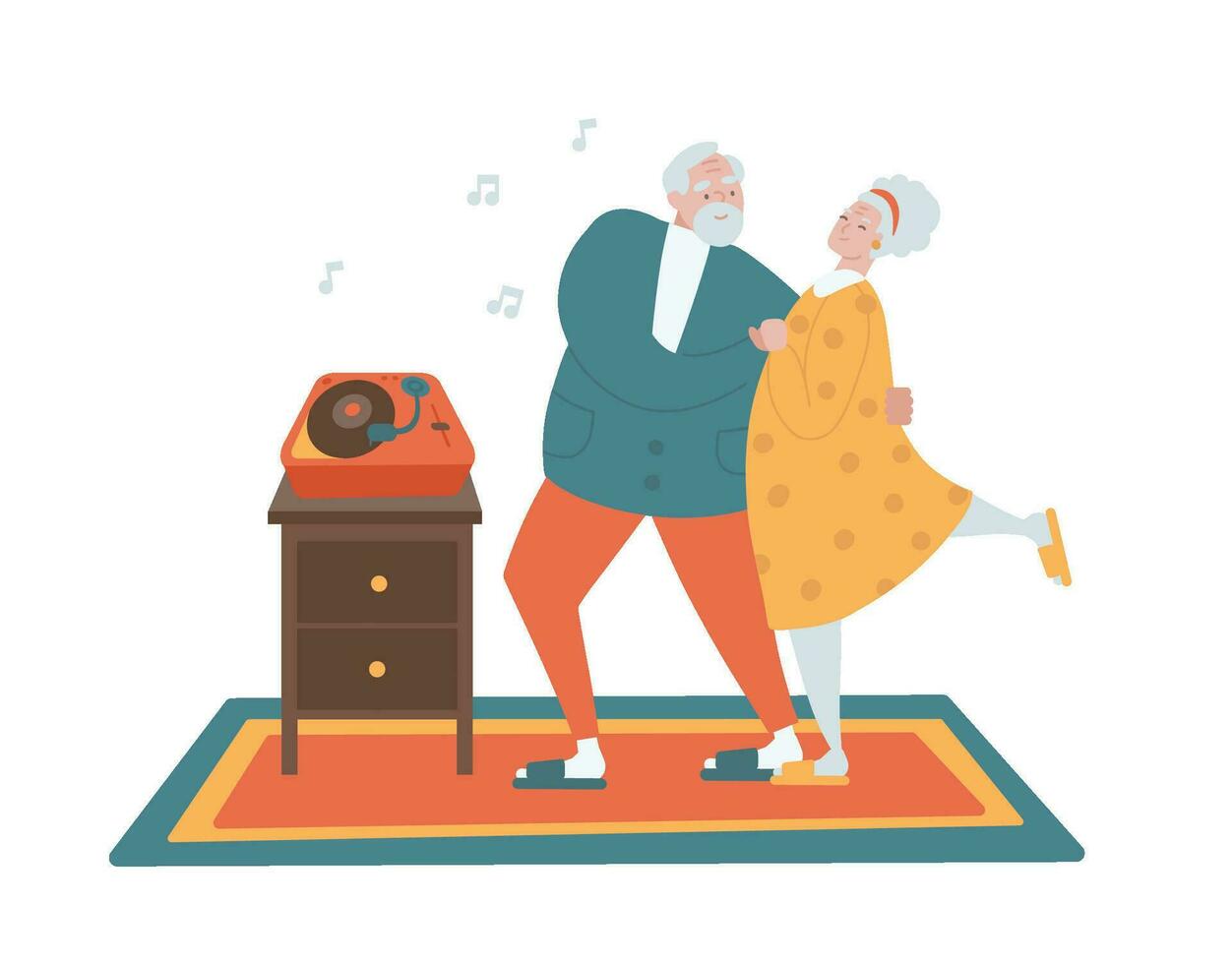 Dancing elderly people. A couple in love who dance at home. Elderly people who enjoy relationship. Flat hand drawn vector illustration.