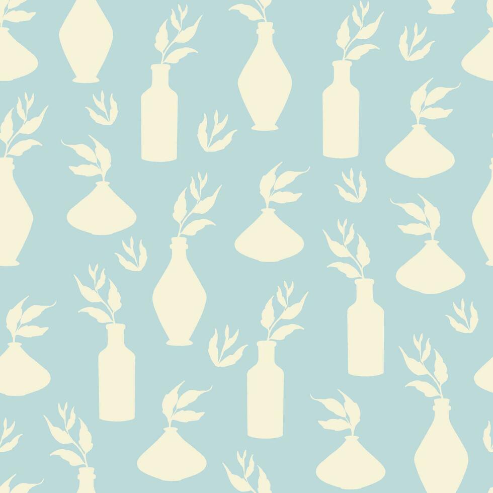 Beige leaves branch in vases seamless pattern vector. Neutral boho art print vector