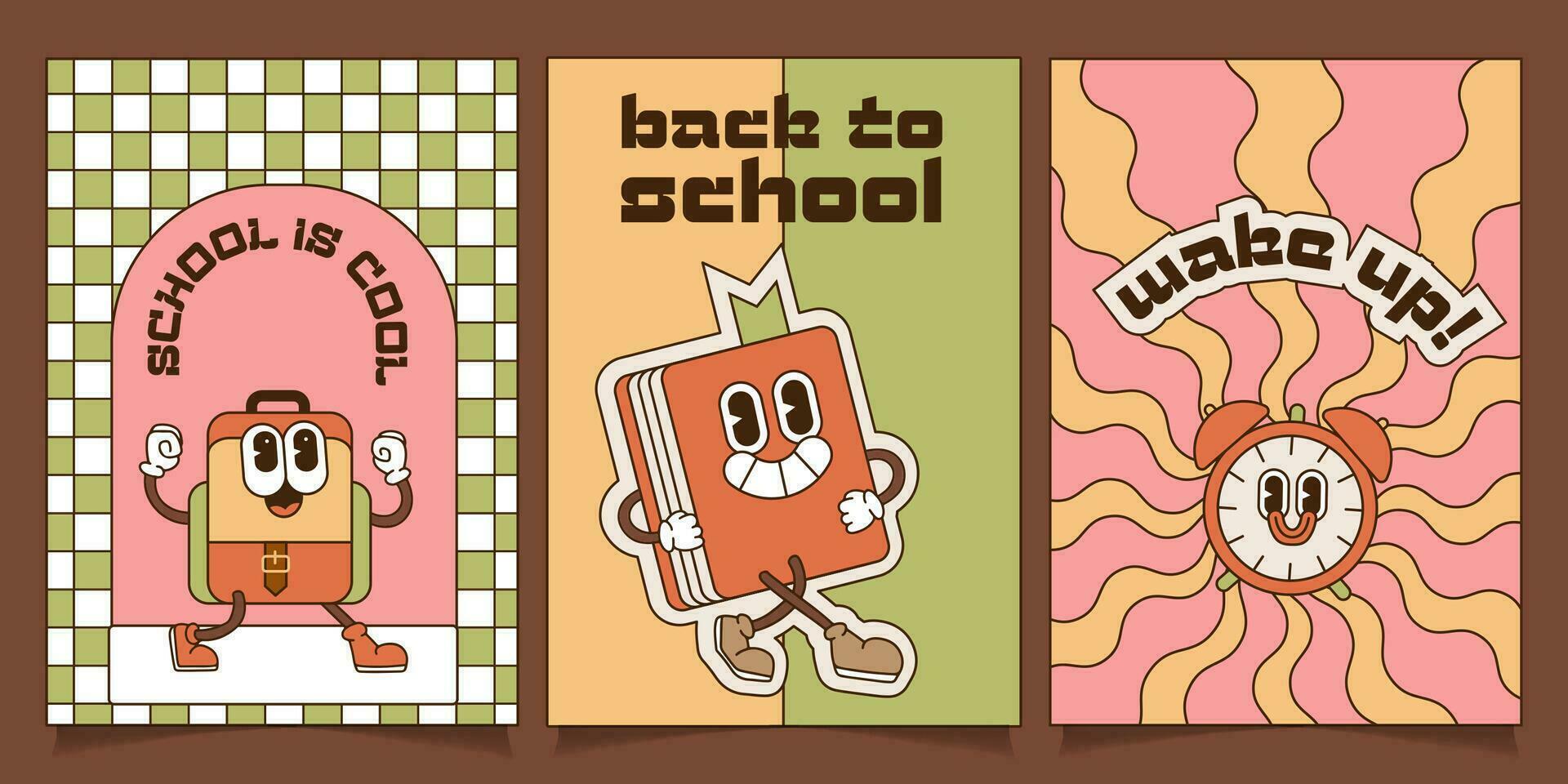 conjunto de espalda a colegio a4 pancartas en maravilloso Clásico estilo. colección de carteles con mochila, libro y alarma reloj dibujos animados caracteres. contorno plano vector ilustración.