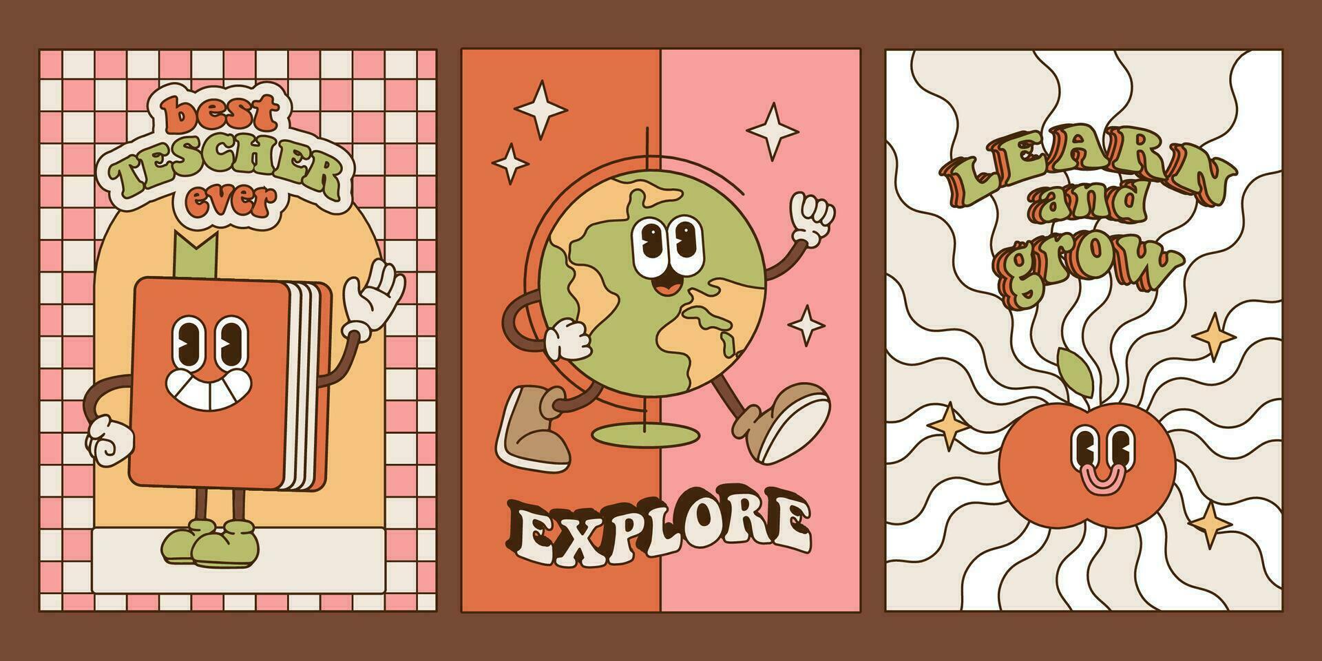 Back to school groovy a4 postcards set in retro 70s style. Psychedelic poster hippie design with retro catroon characters. School and education doodles hand drawn posters. Linear vector illustration