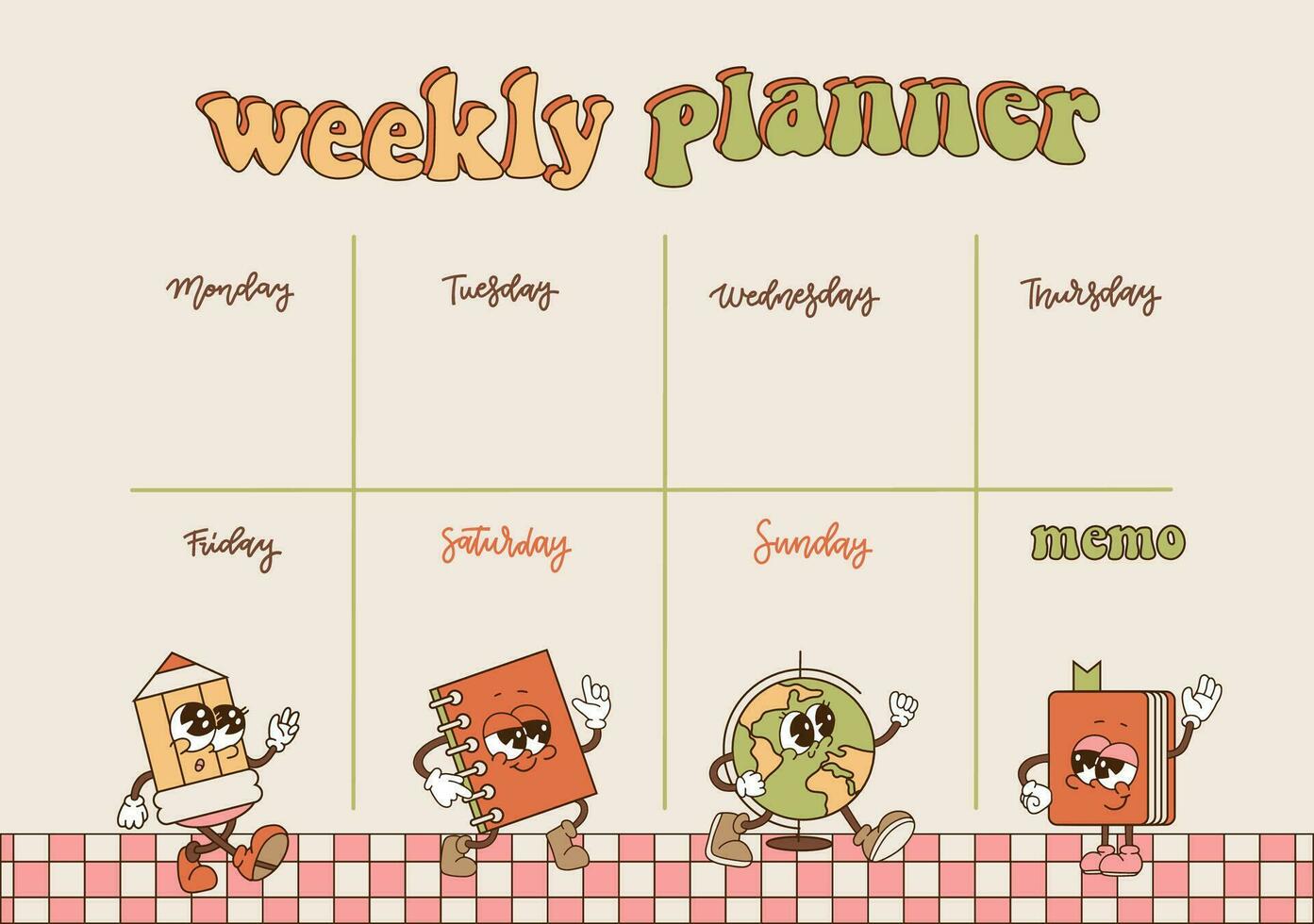 Weekly planner template . Groovy schedule in Retro 70s style, note paper decorated with retro cartoon stationery characters, Vintage organizer. Vector flat contour illustration.