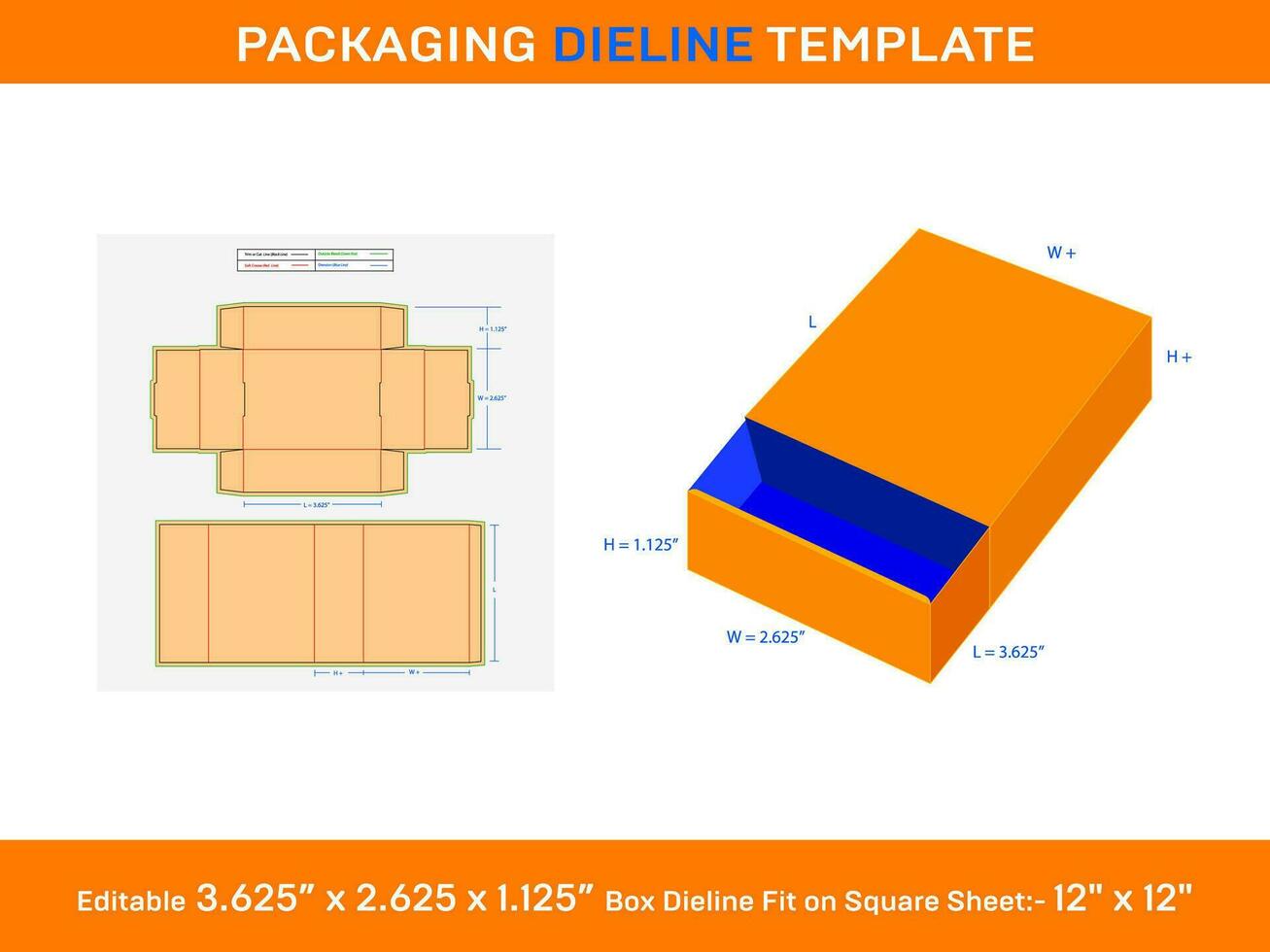 Sliding Gift box, Dieling Template, 3.625 x 2.625 x 1.125 inch, vector