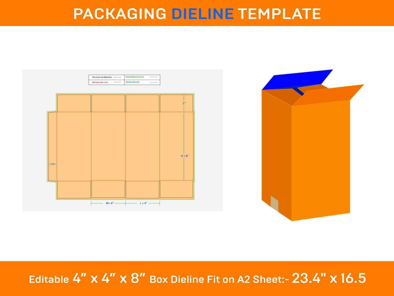 Vector RSC Shipping Carton, Dieline Template, 4x4x8 inch,