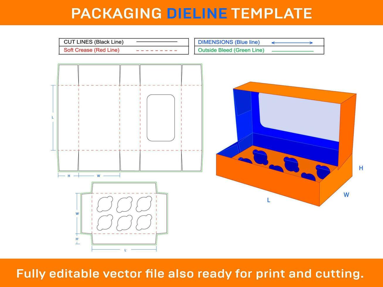 Cupcake Box Window Display 6 Holes Insert Dieline Template vector