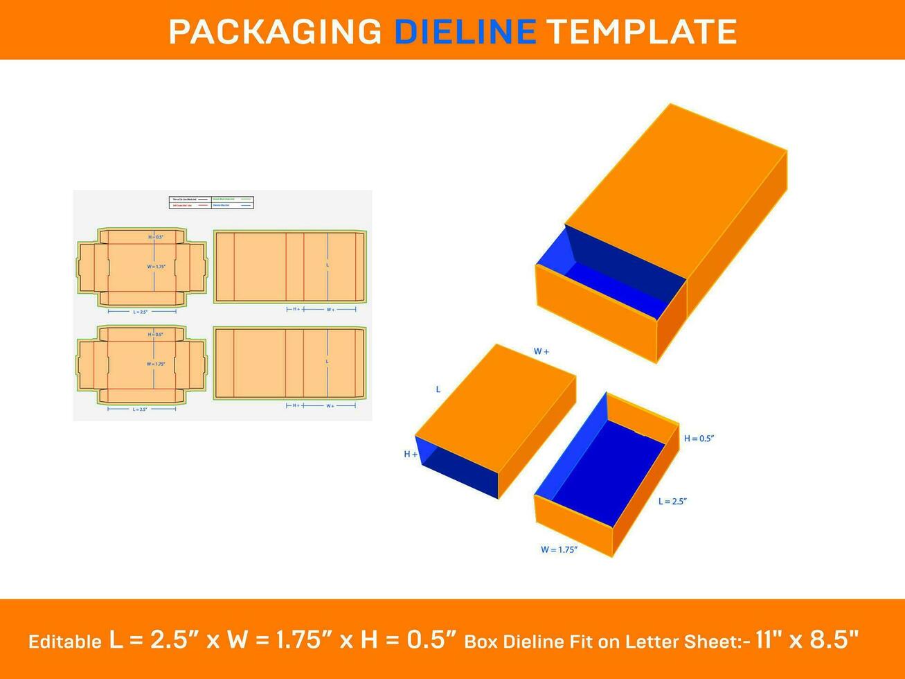 partido caja, cajón caja, dieline plantilla, 2.5x 1.75 X 0.5 pulgada, vector