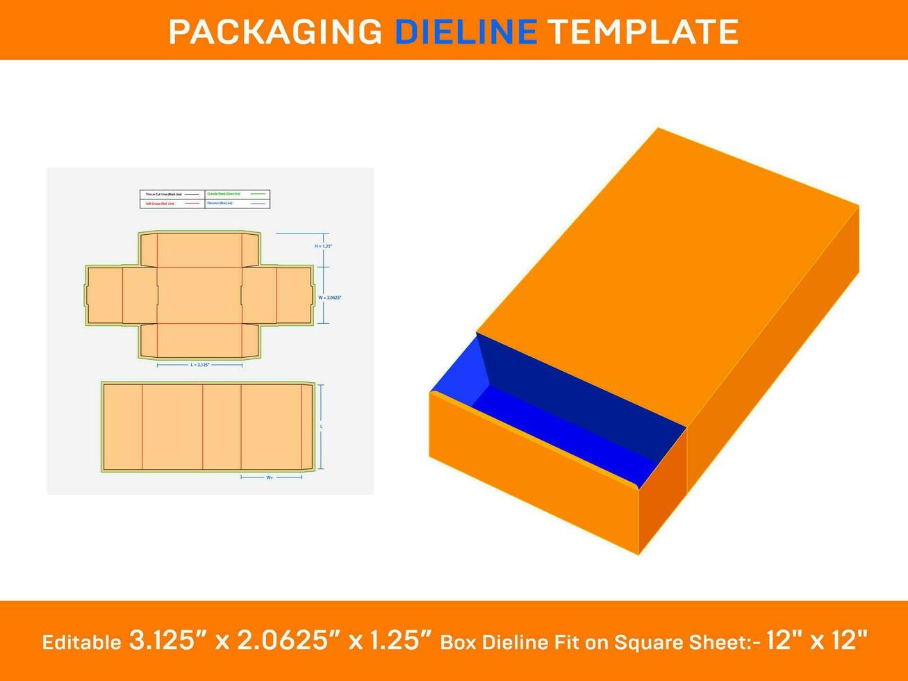 cajón caja, dieline plantilla, 3.125 X 2.0625 X 1.25 pulgada, vector