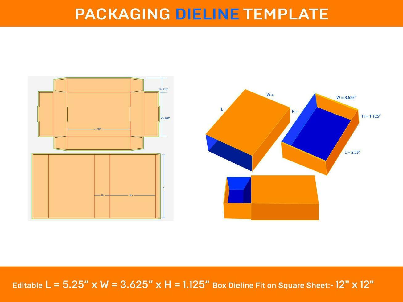 cajón caja, diapositiva caja, dieline plantilla, 5.25 X 3.625 X 1.125 pulgada, vector