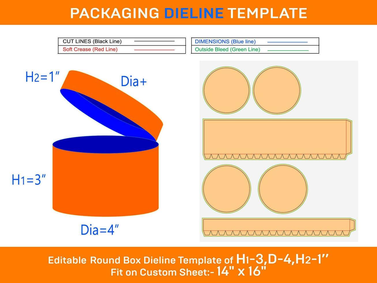 Cheap hat box, round lid box dieline template with the dimension H1 3, D 4, H2 1 inch vector