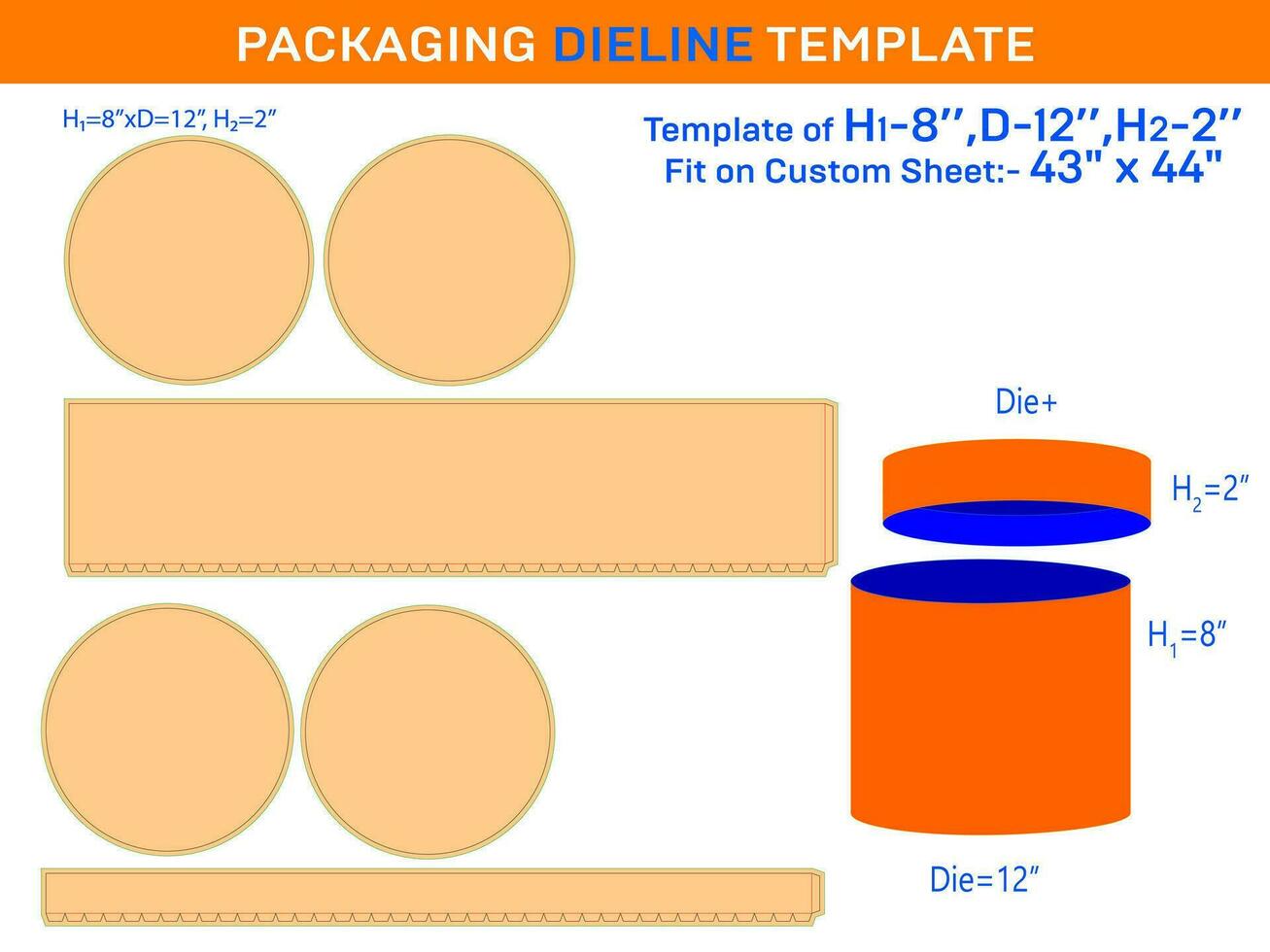 Round lid gift box dieline template H1 8xD12xD2 2 inch vector