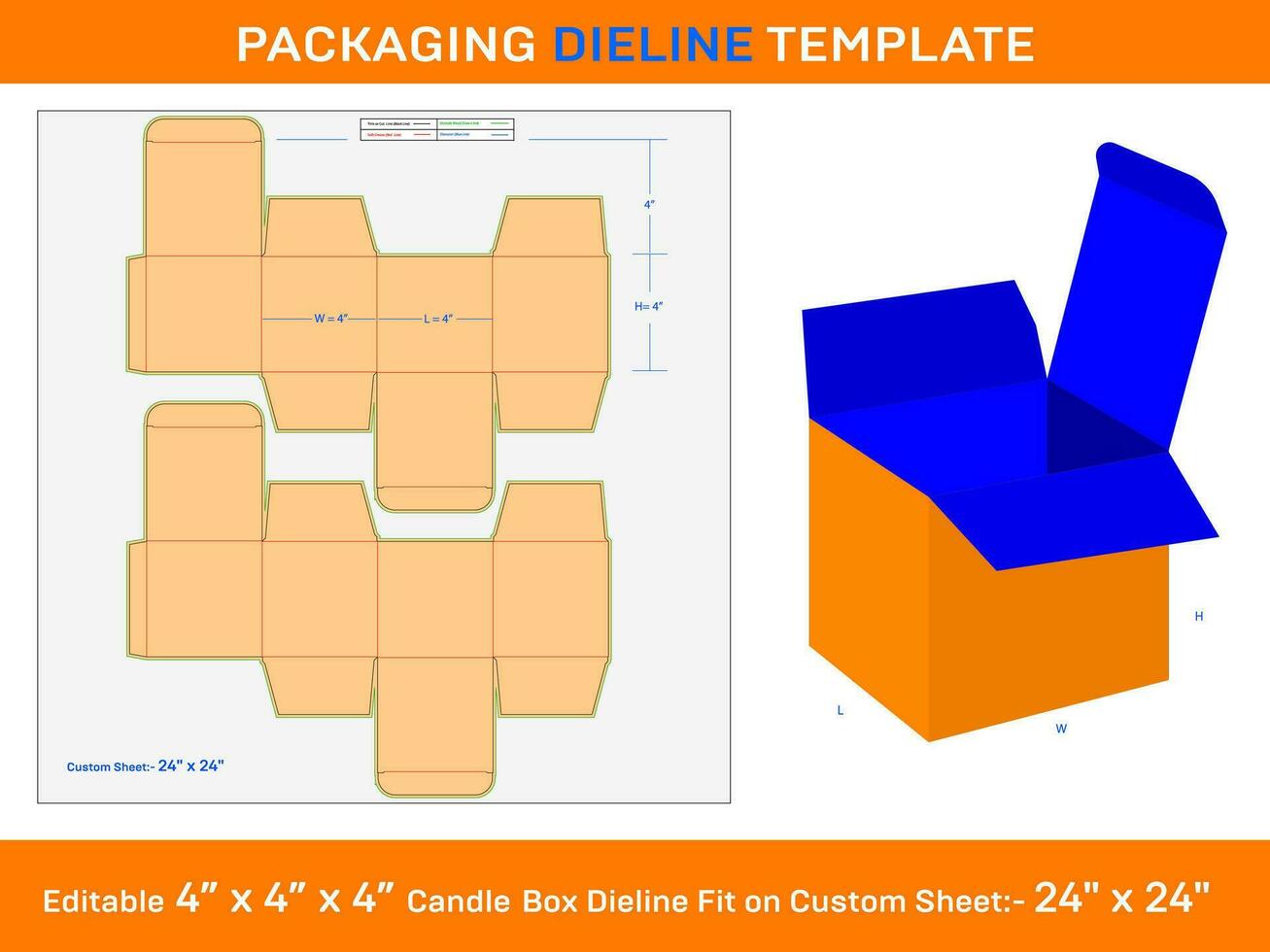 Open Candle box, Dieline Template, 4x4x4 inch, vector