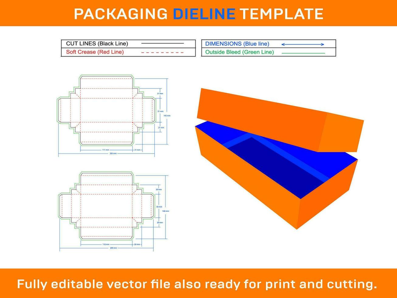 Rectangle Box with Lid Dieline Template vector