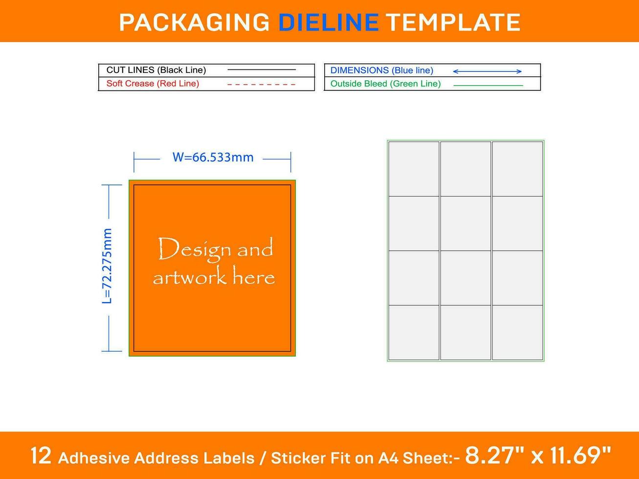 12 Adhesive Address Labels Dieline Template 72.275 x  66.53mm vector