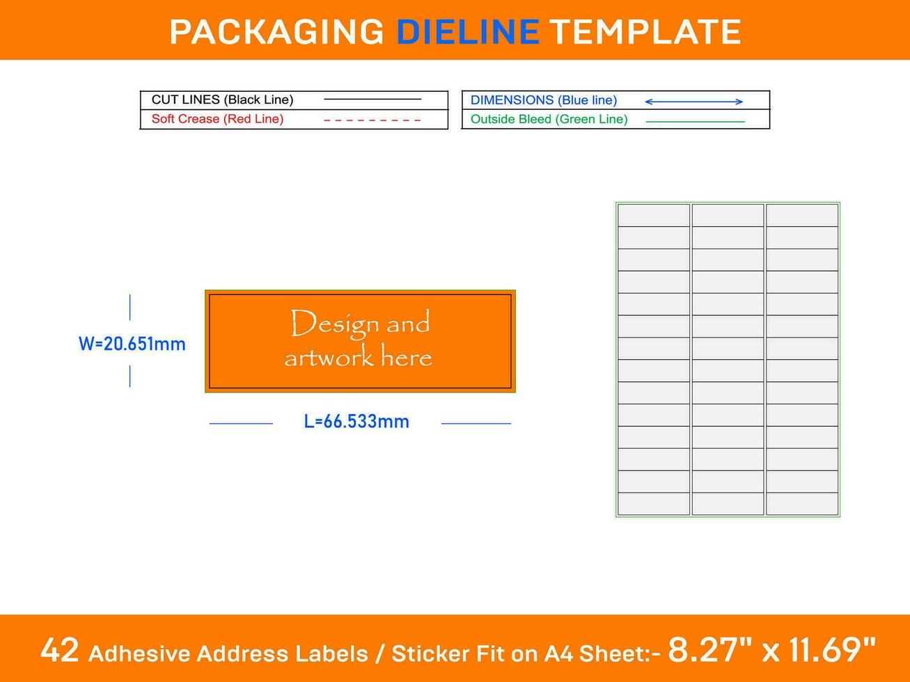 42 Adhesive Address Labels Dieline Template 66.533 x 20.651mm vector