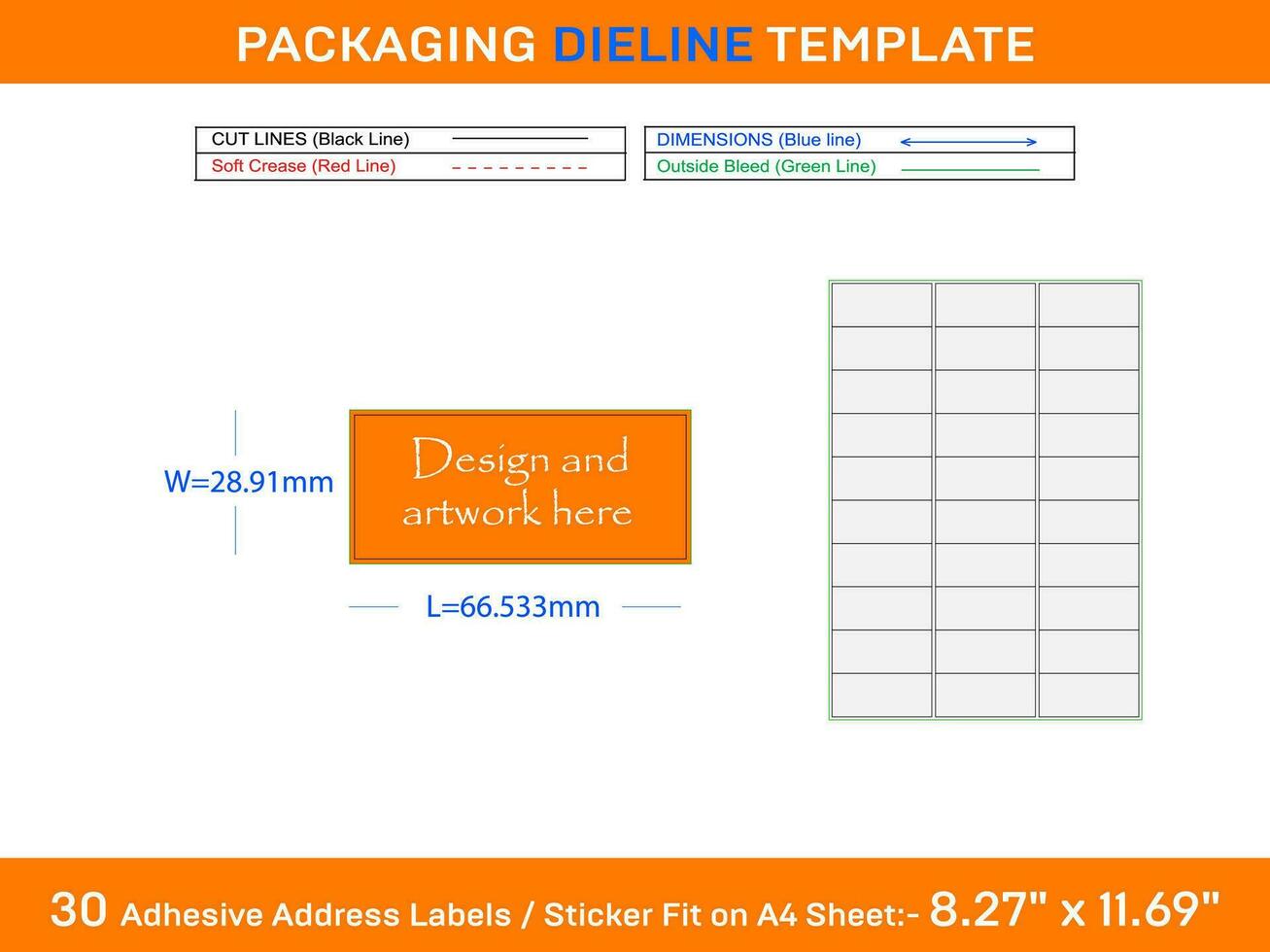 30 Adhesive Address Labels Dieline Template 66.533 x 28.91mm vector